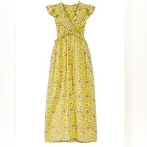 Banjanan Floral Honey Maxi Dress 100% Cotton Yellow Pink Floral Pockets Ruffles